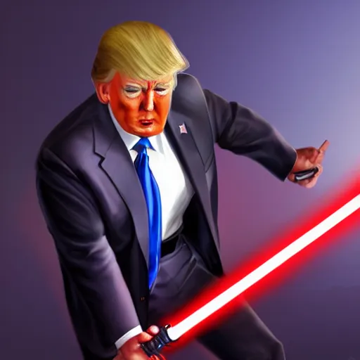 Image similar to donald trump wielding a lightsaber, dynamic lighting, highly detailed