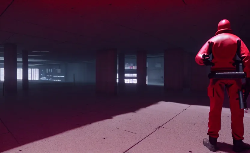 Prompt: in-game screenshot of a dark red hazmat scientist holding a gun walking on unreal engine 5, in a liminal underground garden, photorealistic, octane render, retrofuturism, brutalism, staggered terraces, minimalist