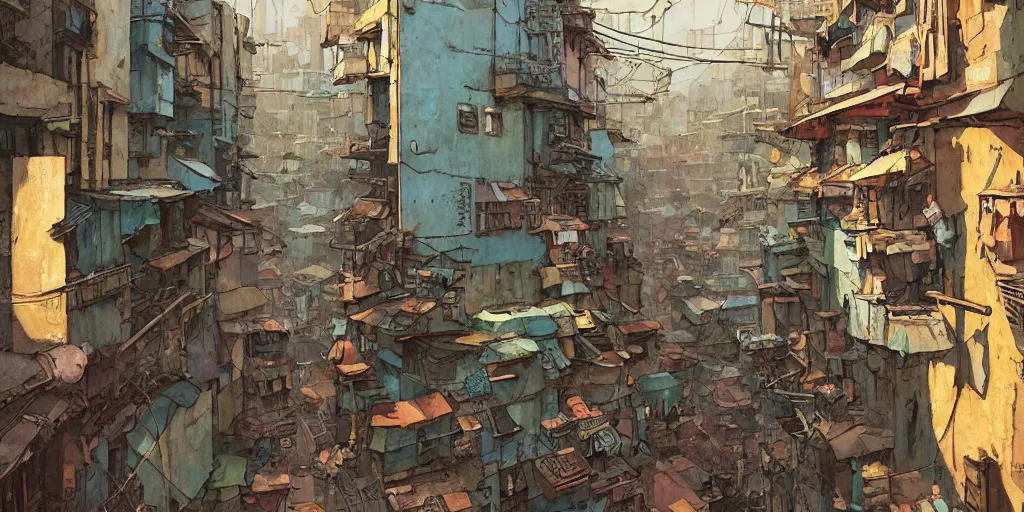 Prompt: a film still from Tekkonkinkreet by Ian McQue , apartment view of alley of dusty favela city street, intimate, bits of broken light, vibrant, 50mm lens, video game character and environment design, 2d game lineart behance hd, studio, dramatic lighting, cinematic, global illumination, trending on Artstation, bloom