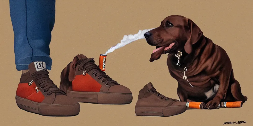 Image similar to smoking brown dog with sneakers, as a matte oil painting