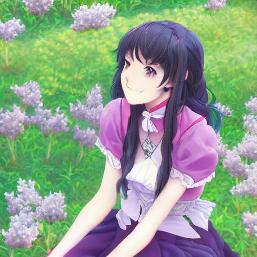 Image similar to portrait of a girl sitting at the field of lilac, anime fantasy illustration by tomoyuki yamasaki, kyoto studio, madhouse, ufotable, trending on artstation