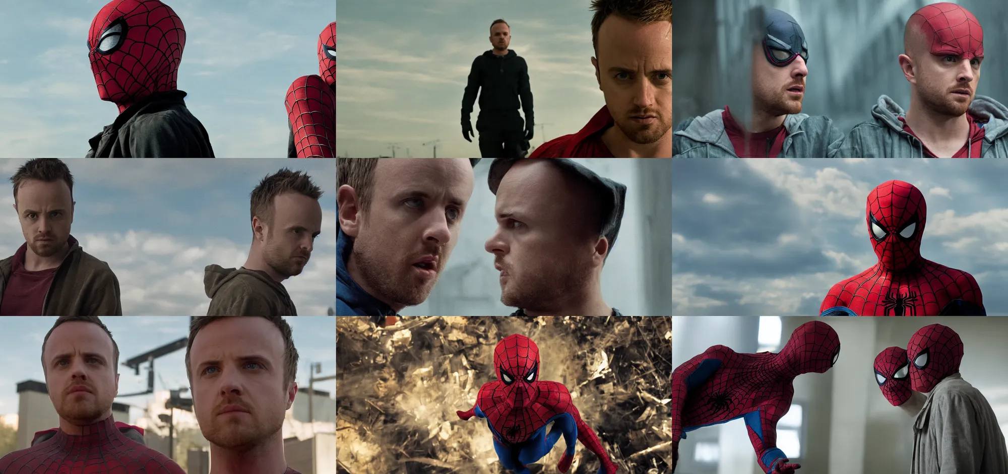 Prompt: Jesse Pinkman as Spider-Man, film still, wide-shot, full shot, cinematic lens, heroic portrait