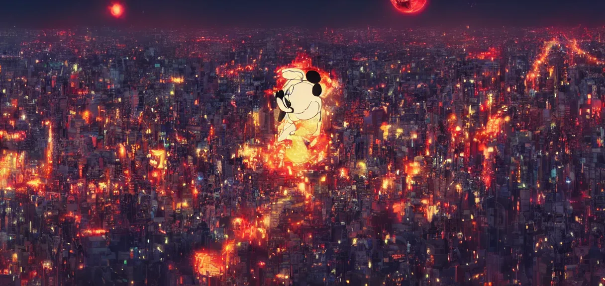 Prompt: A beautiful wide shot of an enormous Mickey Mouse destroying the night city of Tokyo, cinematic, anamorphic 35 mm lens, cinematic, anamorphic lens flares 4k