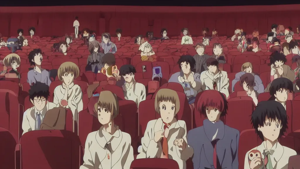 Image similar to people in a busy movie theatre, anime film still from the an anime directed by katsuhiro otomo with art direction by salvador dali, wide lens