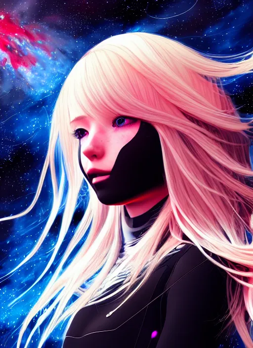 Prompt: highly detailed portrait of a hopeful pretty astronaut lady with a wavy blonde hair, by Joseph Stella , 4k resolution, nier:automata inspired, bravely default inspired, vibrant but dreary but upflifting red, black and white color scheme!!! ((Space nebula background))