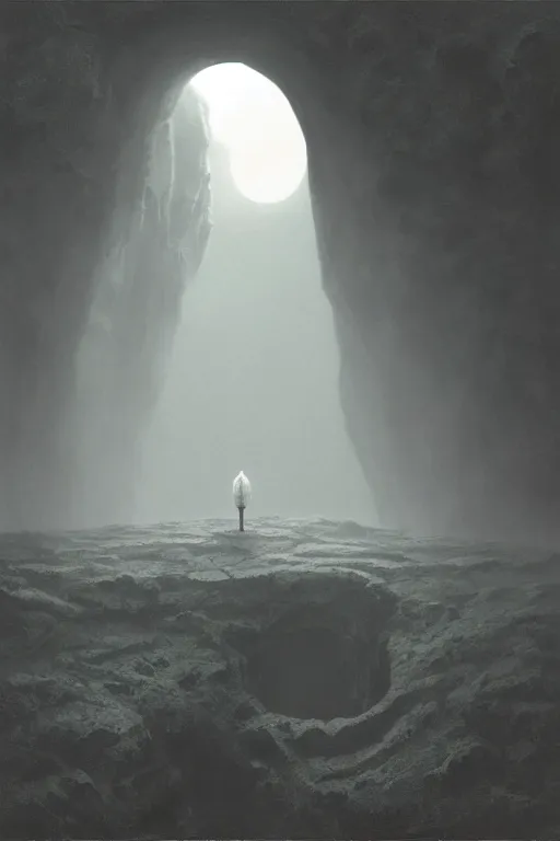 Prompt: a solitary person looking at a giant hole that nobody dare enter, foreboding, ominous, doom, desolate moonscape, luna - core, crater, mist, marc simonetti, david lynch, zdzisław beksinski
