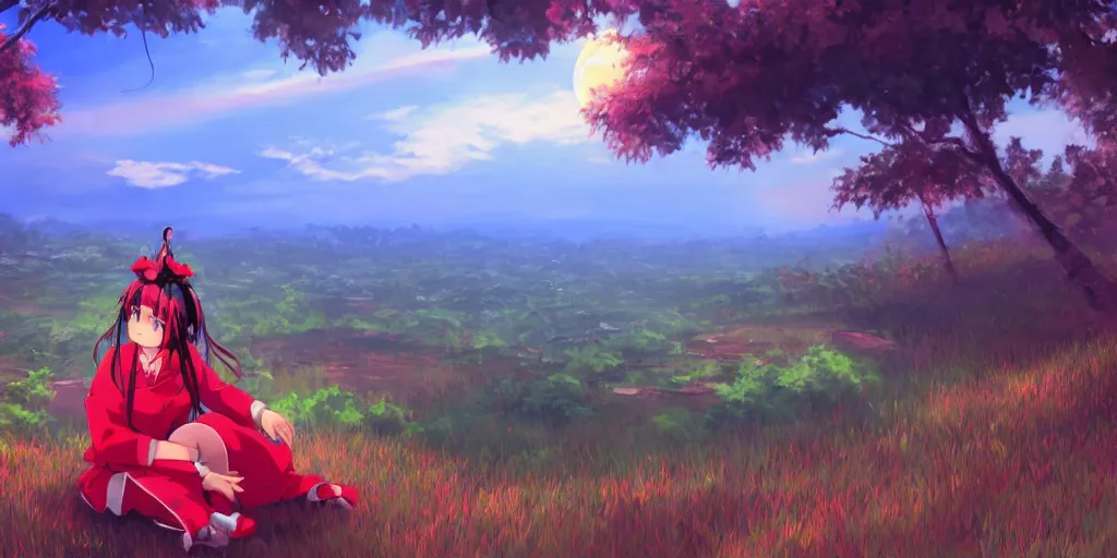 Prompt: reimu sitting on a hill off to the side overlooking rice paddies during dawn cinematic, deep vibrant colors, anime illustration, anime screenshot composite background