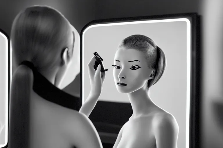 Prompt: beautiful female android, putting on makeup in front of a bathroom mirror, cinematic, black and white movie, still photo. by james jean and moebius