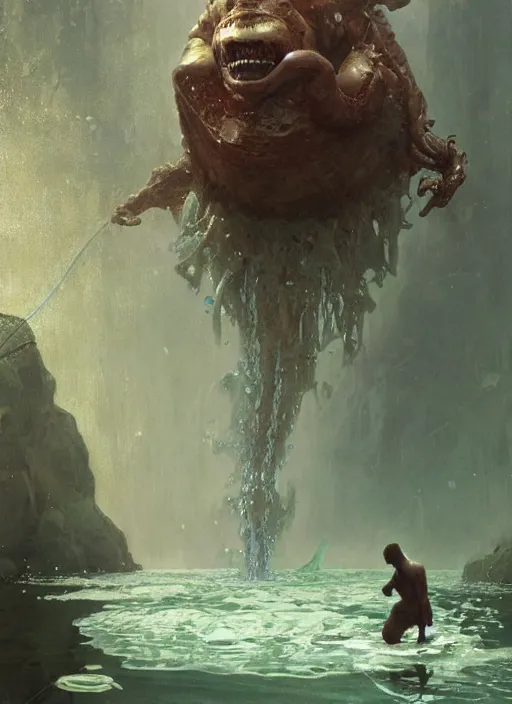 Image similar to huge towering alien brute beautiful demon emerging from lake on sunny day, splashing, partially submerged, water cascading, by sergey kolesov and lawrence alma tadema and norman rockwell and greg staples and craig mullins and john berkey and ruan jia, artstation creature art