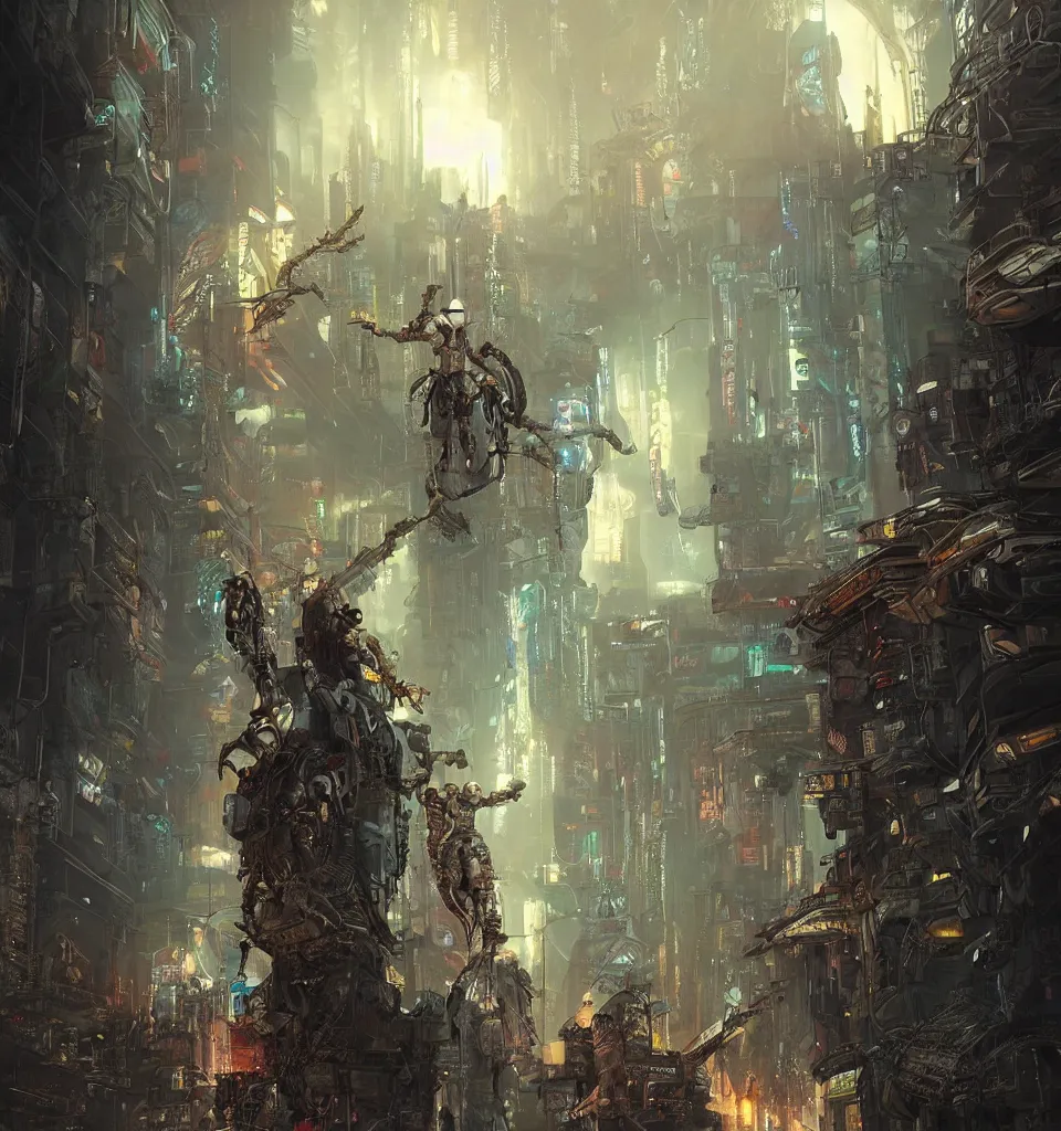 Image similar to cyberpunk gladiator, cinematic, highly detailed, octane render, cg, rich cinematic atmosphere, perfect digital art, mystical journey in strange world, Mystical, cyberpunk, tech war, sci-fi, surreal, glowing lights, sharp focus, high detailed, by Akihiko Yoshida, michael whelan and Karol Bak