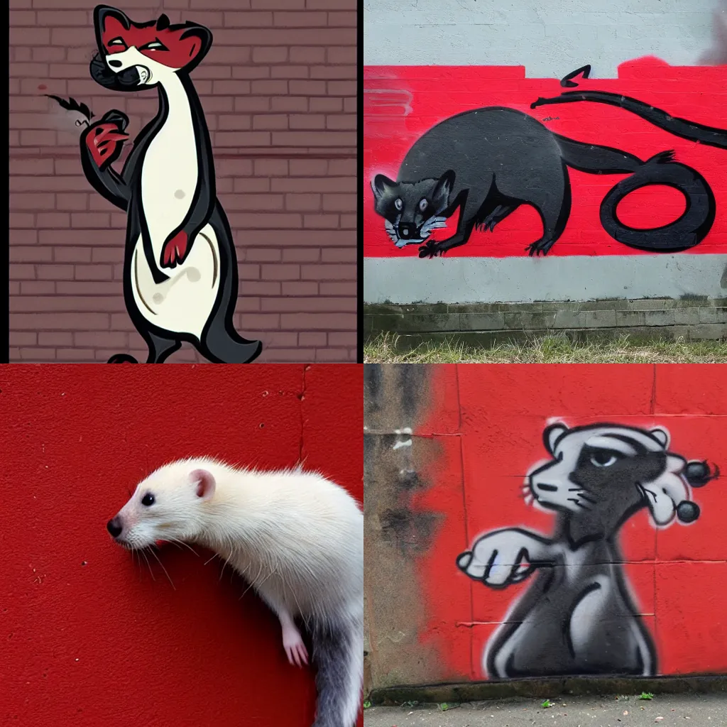 Prompt: [ ( ( red ) ( black ) ( furry ) ( fursona ) ( weasel * ferret * stoat ) ) ] < [ ( smoke * backing ) ] < graffiti < wall