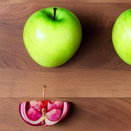 Image similar to pair of scales with one apple in one side and one onion in the other