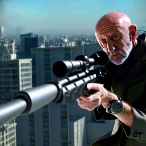 Image similar to film still of mike ehrmantraut aiming with a sniper rifle on a rooftop, 4 k, highly detailed