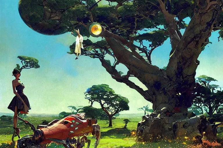 Image similar to 5 0 s pulp scifi illustration, space girl beside baobab tree on expansive english country lawn, by wadim kashin, norman rockwell, morgan weistling, earle bergey, craig mullins, ruan jia, chris foss, tyler edlin