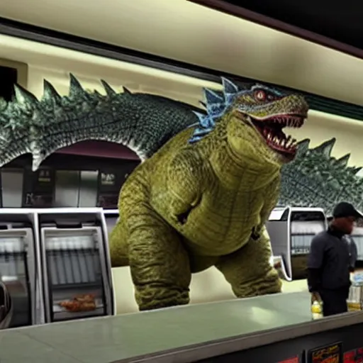 Prompt: Godzilla working at a Subway restaurant, realistic, ultra high detail.