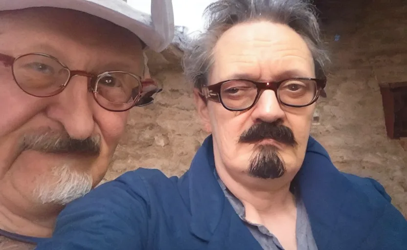 Image similar to my auntie that look like trotsky accidentally taking a selfie, front camera, camera flash is so bright in his face, viral, selfie, viral on twitter, viral on instagram, viral photo