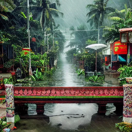 Image similar to monsoon on tropical island, attractive oriental native in white, frontal, ornate, beautiful, atmosphere, vibe, mist, coconuts, rain, wet, pristine, puddles, melting, dripping, snow, creek, lush, ice, bridge, forest, roses, flowers, concept art, luis rollo, ruan jia, steve mccurry, john berkey