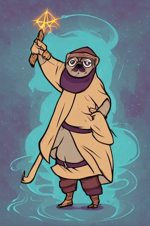 Image similar to Pug that is a wizard casting a spell , wizard, medieval, sticker, colorful, casting epic spell, magic the gathering artwork, D&D, fantasy, artstation, heroic pose, illustration, highly detailed, simple, smooth and clean vector curves, no jagged lines, vector art, smooth