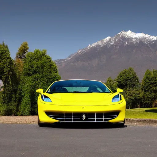 Image similar to a beautiful ferrari park next to a tree it's a sunny day with no cloud in the sky and there is one road next to the car the background is a view of mountains professional photograph