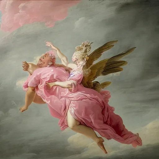 Image similar to heaven on pink clouds adopts the language of Rococo, reimagining the dynamism of works by eighteenth-century artists such as Giovanni Battista Tiepolo, François Boucher, Nicolas Lancret and Jean-Antoine Watteau through a filter of contemporary cultural references including film, food and consumerism