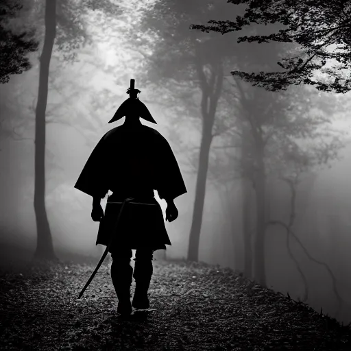 Image similar to a samurai walks alone through the woods at night, gloomy, dark, foggy, night, ominous, dark color, atmospheric, cinematic lighting, intricate detail?