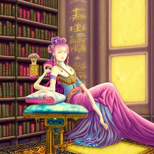 Prompt: a detailed fantasy pastel portrait of a woman wizard in ornate clothing lounging on a purpur pillow on the marble floor in front of her bookcase in a room, reading an ancient tome. to the side is a potted plant, moody light. ancient retrofuturistic setting. 4 k key art. raytracing, perspective, by chie yoshii and yoshitaka amano.