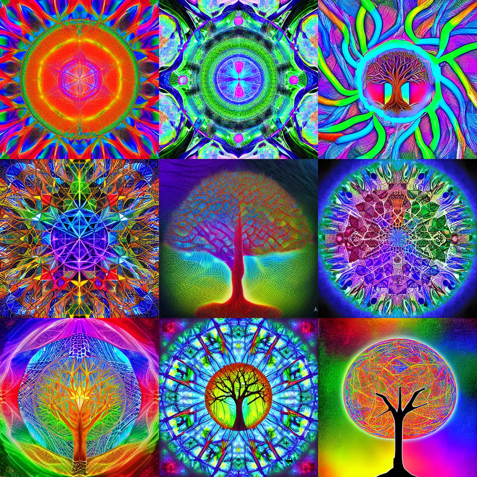 Prompt: a tree of life made from dna strands with colorful merkaba background, highly detailed digital art