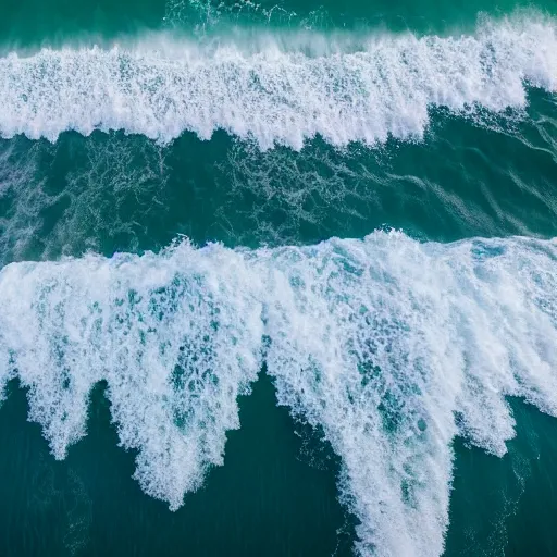 Prompt: a drone shot from above of the ocean with bright blue water and big waves that are crashing on bright white sand. There are a lot of surfers sitting in the water on their surfboards waiting for waves