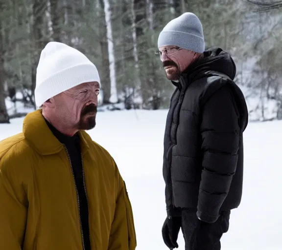 Image similar to Walter White wearing a black Supreme puffer jacket and a beanie, movie still, realistic