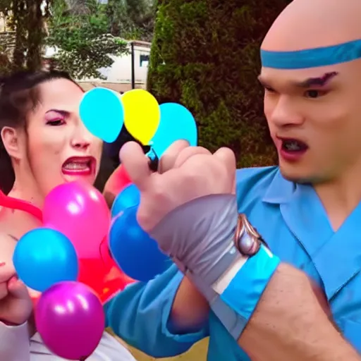 Prompt: street fighter 3rd strike gender reveal party balloon popping 4k realistic