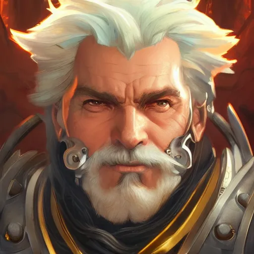 Image similar to high fantasy character portrait of Reinhardt from Overwatch, intricate, wild, highly detailed, digital painting, artstation, concept art, smooth, sharp focus, illustration, art by artgerm and greg rutkowski and alphonse mucha