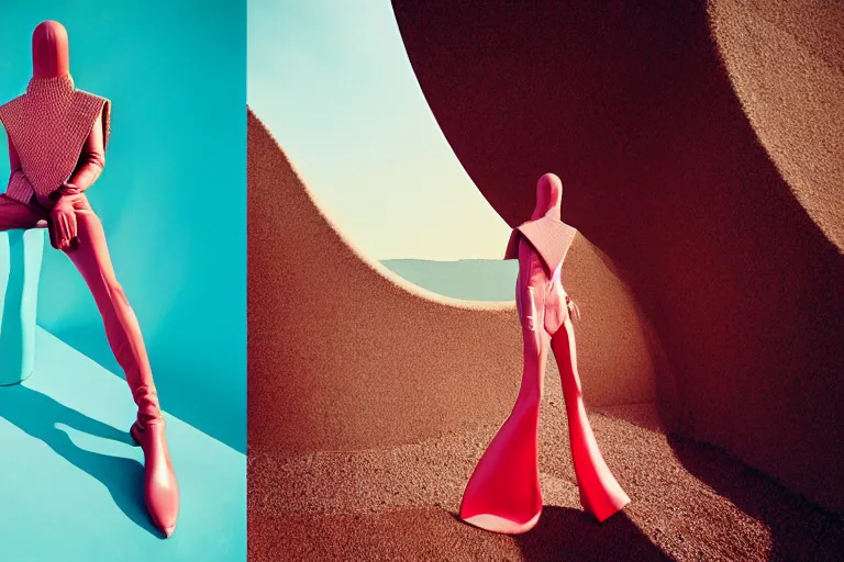 Prompt: fashion editorial in a world inspired by jean giraud moebius, photographed by julia hetta