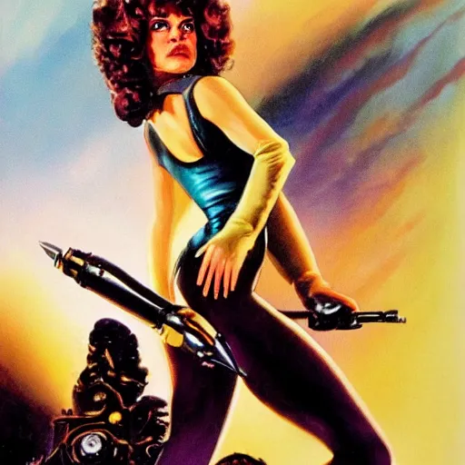 Prompt: Daisy Ridley as Barbarella movie poster. Illustration by Boris Vallejo - n 4