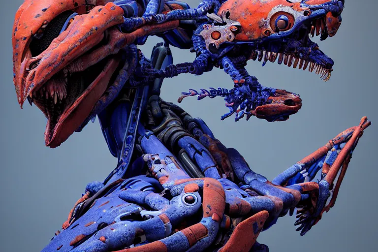 Image similar to portrait of a posed hyper detailed kaki and ultramarine leaplasher evangelion realistic mechanical and fleshy organic creature similar look as horizon forbidden west horizon zero dawn bioluminiscence in a dark deep forest at dawn in spring, with reflection and textures, by kilian eng, substance painter reaslitic mech surface metal painted scratches