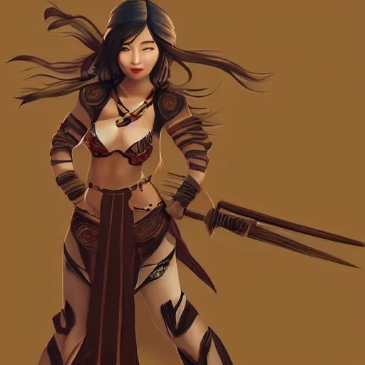 Prompt: beautiful Asian woman with a weapon, full view, character design, warrior outfit, dramatic lighting, by seunghee Lee,detailed, artstation - n9