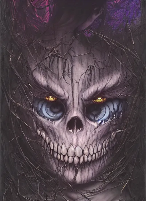 Image similar to Cheshire Cat choping wood,Death Tarot card,highly detailed,half skull face,cinematic,8k,by Stanley Artgermm,Tom Bagshaw,Greg Rutkowski,Carne Griffiths, Ayami Kojima, Beksinski, Giger,trending on DeviantArt,hyper detailed,horror, full of colour