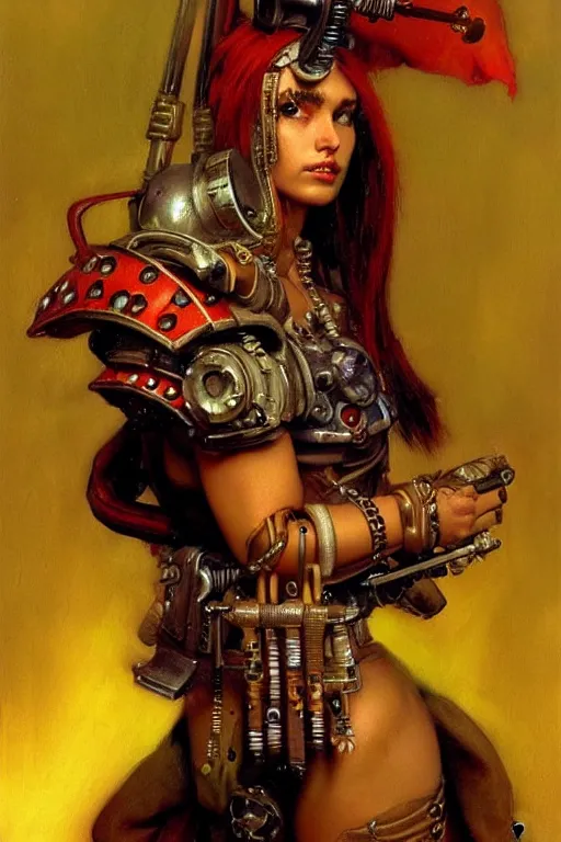 Image similar to full character portrait cyberpunk warhammer 4 0 k, warrior marine the girl with the pearl earring character design, painting by gaston bussiere, katsuya terada, frank frazetta, tom of finland, trending on artstation