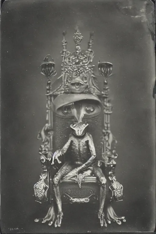 Image similar to a wet plate photo of an anthropomorphic frog king sitting on a throne