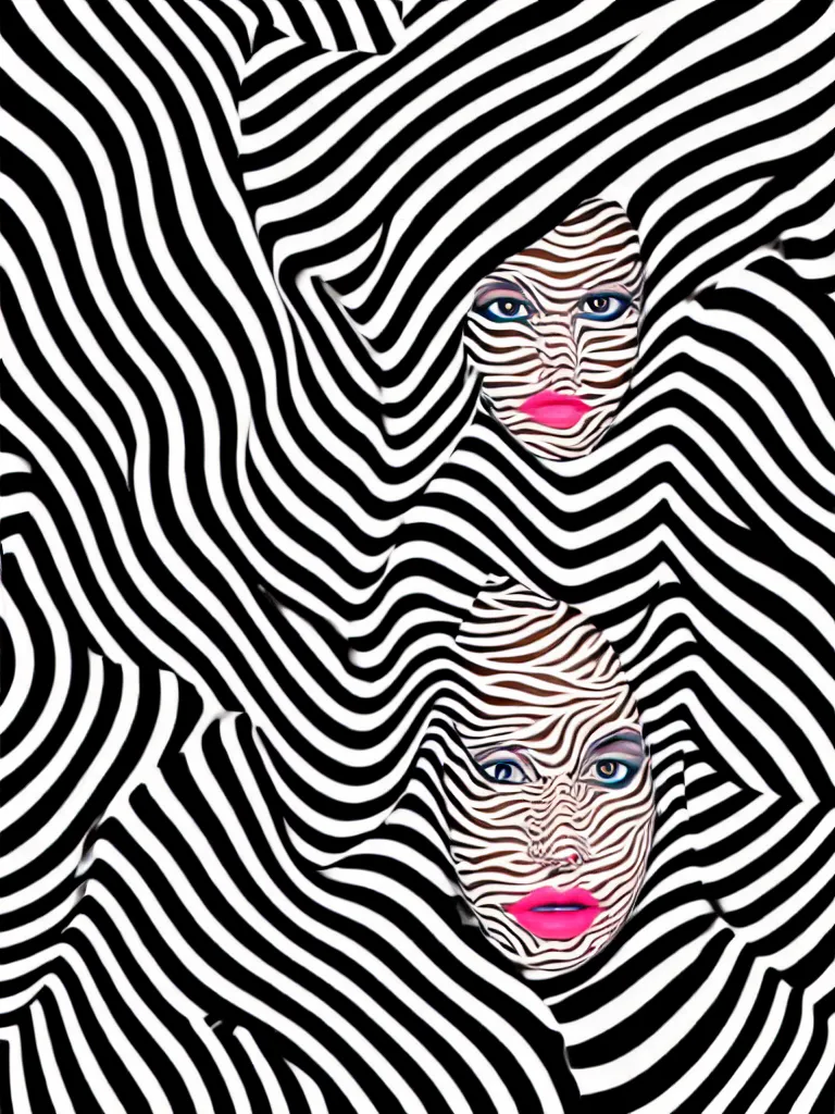 Image similar to a beautiful female face emerging from illusory motion dazzle camouflage perlin noise optical illusion