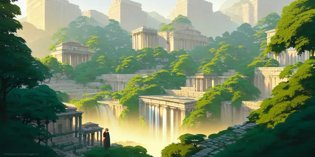 Prompt: ancient city with tall marble buildings in an evergreen valley, several waterfalls, landscape, global illumination, morning light, radiant light, bird's eye view, by makoto shinkai and lois van baarle, ilya kuvshinov, rossdraws, tom bagshaw