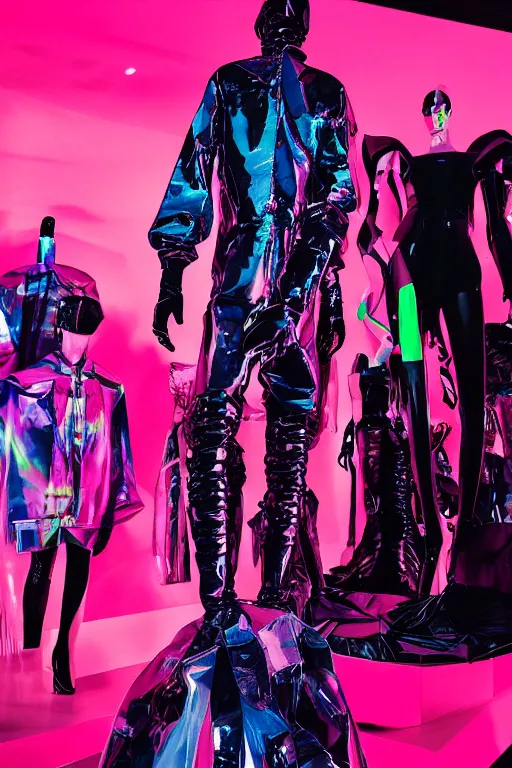 Image similar to an award winning fashion photograph of Balenciaga's fashion week 2049 by Moebius, cyberpunk, futuristic, Bladerunner 2049, dazzle camouflage!!, dayglo pink, dayglo blue, raven black, corporate