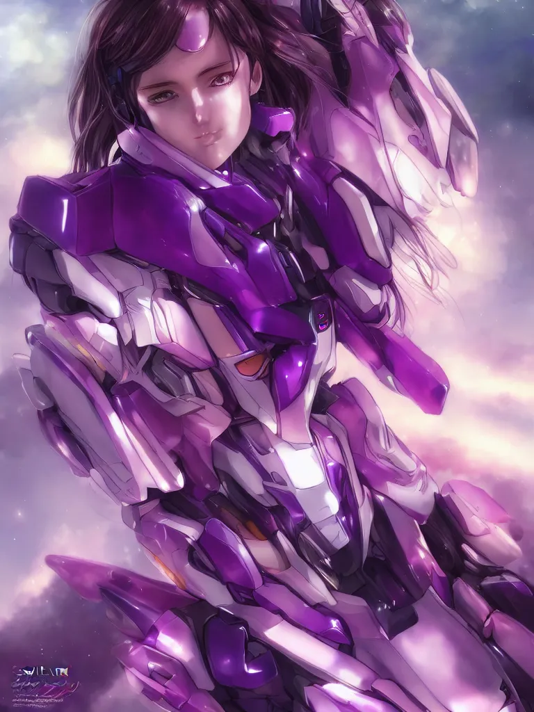 Image similar to A realistic anime portrait of a woman in a Gundam suit with glowing purple, digital painting, by Stanley Artgerm Lau, Sakimichan, WLOP and Rossdraws, digtial painting, trending on ArtStation, SFW version