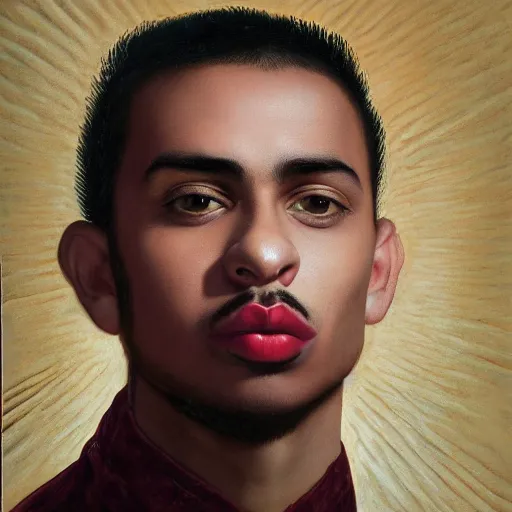 Prompt: front close up portrait of a young beautiful mexican man with a mohawk haircut, moustache, wearing a leather jacket, maroon lips, blank background, rembrandt lighting, by kehinde wiley, kadir nelson, norman rockwell