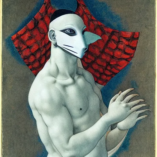 Prompt: a beautiful male wearing a kitsune mask, painted by michelangelo, ombre colors