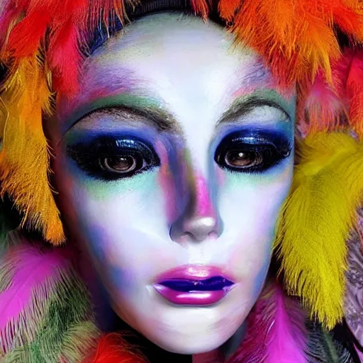 Prompt: a close up of a mannequin with makeup, an impressionist painting by briana mora, instagram contest winner, neo - fauvism, feminine, made of feathers, i can't believe how beautiful this is