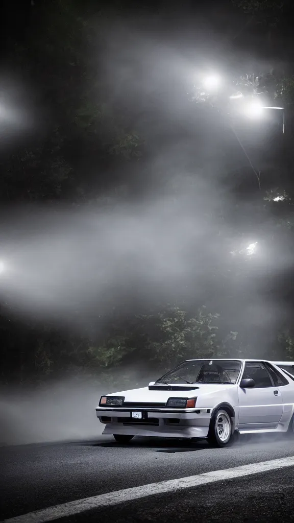 Prompt: a trueno ae 8 6 with pop up headlights, cinematic, long exposure, white balance, 8 k, led, lumen global illumination, fog, ray tracing reflections