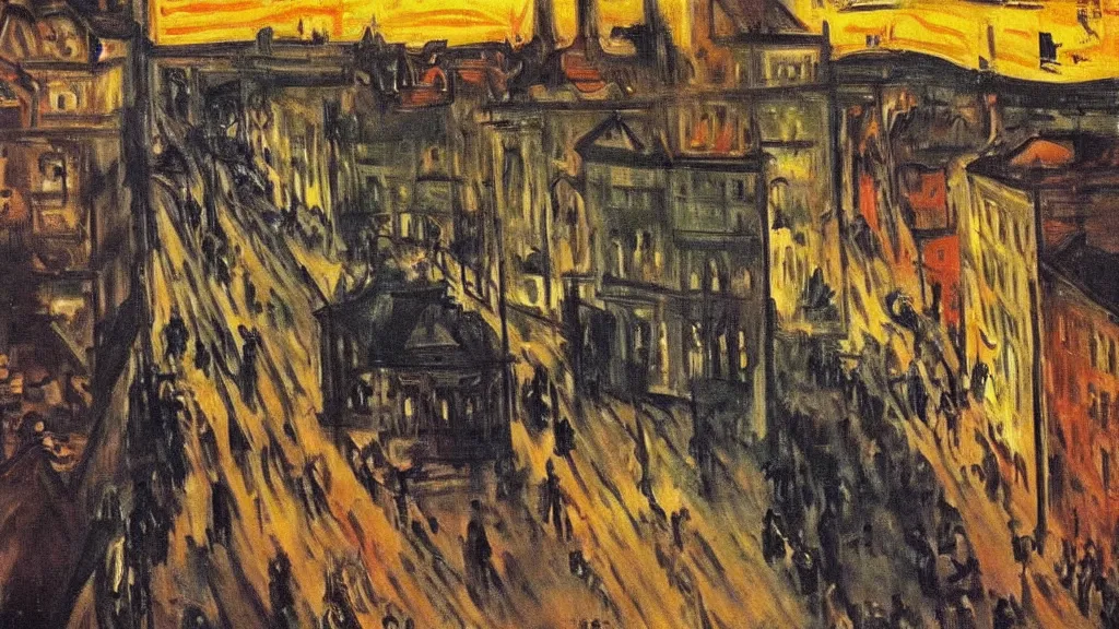 Image similar to a town being bombed on market sunday, tragic painting by edvard munch