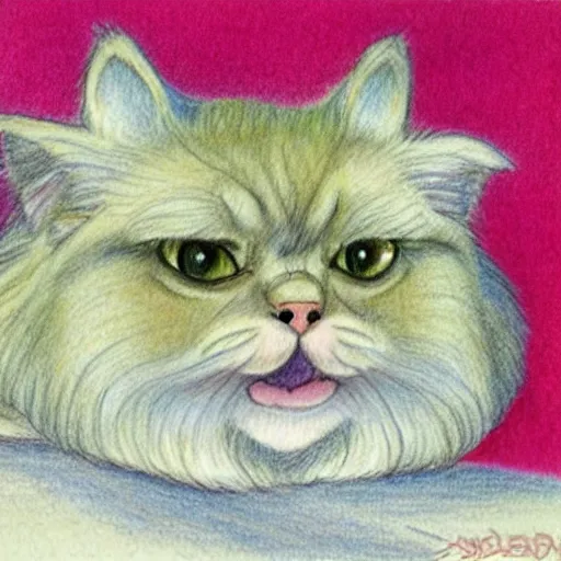 Image similar to chubby persian cat, drawing by Don Bluth, children's colored pencil drawing