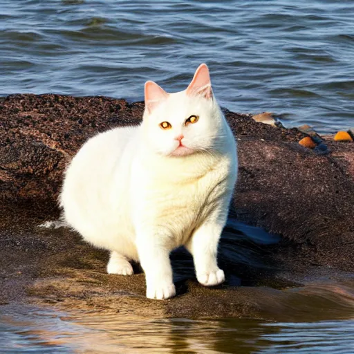 Image similar to extremely fat cat emerging from ocean,