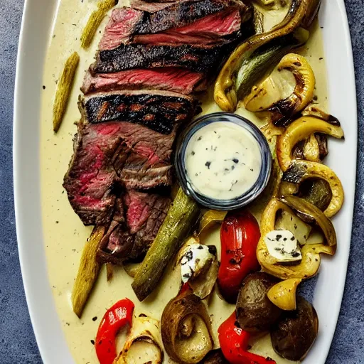 Image similar to delicious 3 2 mm zoomed in adversities photography of a large seared and smoked and seasoned steak well done, with a side seasoned grilled vegetables top in a creamy mozzarella cheese sauce, on a hot platter, very delicious